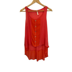 Coral Button Up Sleeveless Semi Sheer Scoop Neck High Low Top M